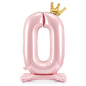 Balon cifră 0 – roz, în picioare, cu coroană (folie, 84 cm)