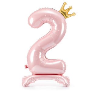 Balon cifră 2 – roz, în picioare, cu coroană (folie, 84 cm)