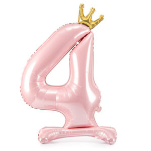 Balon cifră 4 – roz, în picioare, cu coroană (folie, 84 cm)