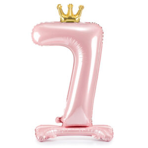 Balon cifră 7 – roz, în picioare, cu coroană (folie, 84 cm)