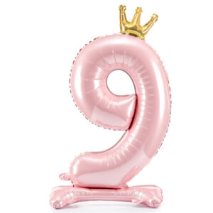 Balon cifră 9 – roz, în picioare, cu coroană (folie, 84 cm)