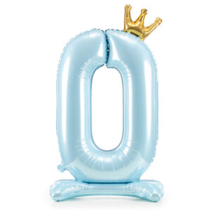 Balon cifră 0 – albastru, în picioare, cu coroană (folie, 84 cm)