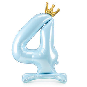 Balon cifră 4 – albastru, în picioare, cu coroană (folie, 84 cm)