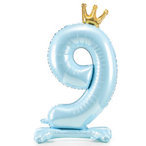 Balon cifră 9 – albastru, în picioare, cu coroană (folie, 84 cm)